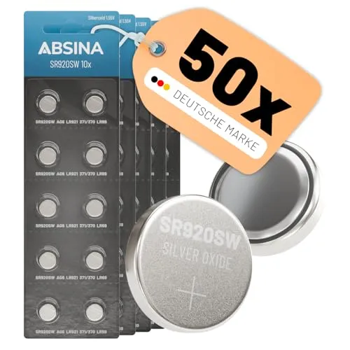 ABSINA SR920SW Uhrenbatterie 1,55V Silberoxid 50er Pack - Knopfzelle SR920SW auslaufsicher & Lange Haltbarkeit - Batterie SR 920 SW / LR921 / 371/370 / LR69 / AG6 - Uhren Knopfzelle