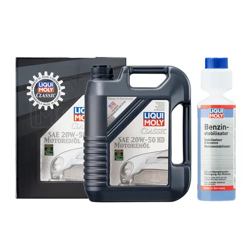 LIQUI MOLY Oldtimer Service-Set 2-tlg. Motoröl SAE 20W-50 - Praktisches Set für Oldtimer, bestehend aus hochwertigem Motoröl und Benzinstabilisator. Ideal für die Pflege und Erhaltung Ihres Fahrzeugs.