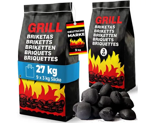 Holzkohlegrill mit 27kg Grillbriketts - Grillzubehör für perfekten Grillgenuss, inklusive 9x3kg Holzkohlebriketts für langanhaltende Hitze und gleichmäßiges Grillen.