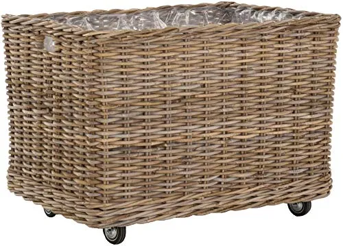 Großer Pflanzkorb Rattan grau XXL mit Rollen - Rechteckiger Pflanzkübel aus natürlichem Rattan, ideal für große Pflanzen. Mit beweglichen Rollen für einfache Mobilität. Maße: 80x58x58 cm.