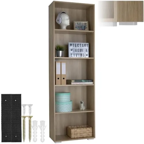 tectake® Bücherregal - Standregal mit 5 offenen Fächern aus Holz - Büro-Bücherregale mit stilvollem Design und viel Stauraum. Ideal für Bücher, Deko und mehr. Besonders stabil und standsicher, perfekt für jedes Zuhause.