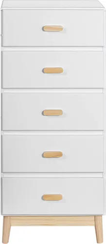 Rebecca Mobili Kinderzimmer Kommode mit 5 Schubladen, Weiß Braun - Praktische Kommode für das Kinderzimmer mit 5 geräumigen Schubladen und Anti-Kipp-System. Robustes MDF und Kiefernholz sorgen für Sicherheit und Stil. Ideal zur Aufbewahrung von Kleidung und Spielzeug.