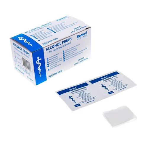 Alkoholtupfer 2-lagig 100 Stück 65 x 30mm - Praktische Alkoholtupfer zur Hautreinigung, ideal für die hygienische Anwendung. 100 fusselfreie Tupfer, einzeln verpackt, getränkt mit 70% Isopropylalkohol – perfekt für den professionellen Einsatz.