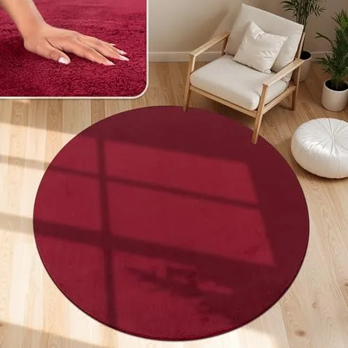 Paco Home Moderner Kuscheliger Teppich Rot, Rund 120 cm - Hochflor Teppich aus 100 % Polyester, weich und pflegeleicht. Rutschfester Rücken sorgt für Stabilität auf allen Böden. Zeitloses Design für eine gemütliche Atmosphäre in Ihrem Wohnzimmer.