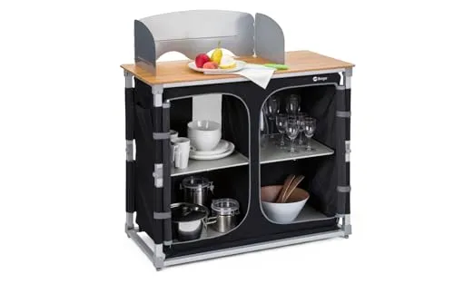 BERGER Küchenbox Deluxe Campingküche - Faltbarer Campingschrank aus robustem Aluminium mit Bambusplatte, ideal für Ordnung im Vorzelt oder Zelt und bietet viel Stauraum für Campingutensilien.