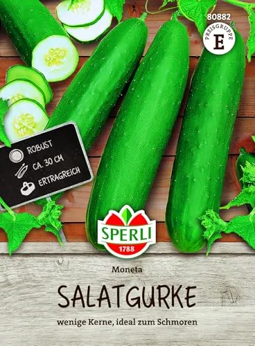 SPERLI Salatgurke Moneta 80882 – robuste Freilandgurke, wenig Kerne, schlank & fest mit kleinem Kerngehäuse, ideal für Salat & Schmorgemüse, Ernte Juli–September, 25–30 cm dunkelgrün, Gurken Samen