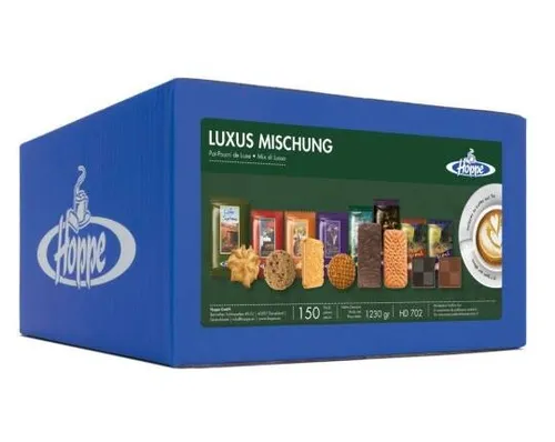 Hoppe Kekse Luxus Mischung, 8 Sorten, 150 Stück - Kekse - Premiummischung mit 8 verschiedenen Sorten, einzeln verpackt und ideal für Messen, Meetings und Buffets. Genießen Sie zartschmelzende Schokolade in jeder Keks-Sorte.