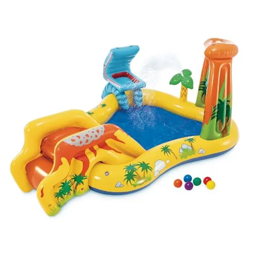 Intex Dinosaur Play Center 57444NP mit Rutsche - 249x191x109cm - Erleben Sie Sommer-Spaß mit dem Dinosaurier-Spielplatz! Die Mini-Wasserrutsche und der Sprinkler sorgen für erfrischende Abkühlung im Garten. Ideal für Kinder ab 2 Jahren, mit 310 l Wasserkapazität und bunten Softbällen.