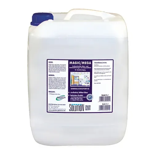 Solution MAGIC/MEGA Glas- und Edelstahlreiniger 0197 - 10 l Kanister - Reinigungsmittel für streifenfreie Glas- und Edelstahloberflächen, mit Abperleffekt und geruchsneutral. Ideal für die Unterhaltsreinigung in Haushalt und Gewerbe.