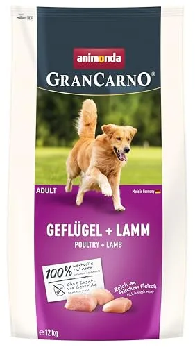 animonda GranCarno Adult Hundetrockenfutter Geflügel + Lamm 12 kg - Getreidefreies Trockenfutter für aktive Hunde, reich an hochwertigen Proteinen aus Geflügel und Lamm. Ideal für gesunde Ernährung und hohe Bekömmlichkeit, perfekt für Abenteuer und Spiel.