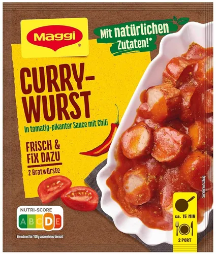 MAGGI fix&frisch Currywurst - Leckere Fertiggericht-Sauce für 2 Portionen, ideal für ein schnelles und einfaches Currywurst-Erlebnis. Genießen Sie die pikante Sauce mit natürlichen Zutaten!