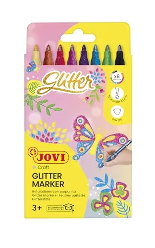 Jovi Filzstifte in Glitzer-Farben, Strichbreite: 3,0 mm, auswaschbar, eindrücksichere Spitze, Set mit 8 Farben, sortiert