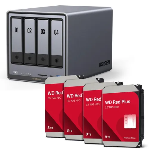 Ugreen NASync DXP4800 Plus mit 32 TB Western Digital Festplatte - NAS-System mit 4 x 8 TB WD80EFPX Festplatten, ideal für Datenspeicherung und Backup-Lösungen, Herstellergarantie: 2 Jahre.