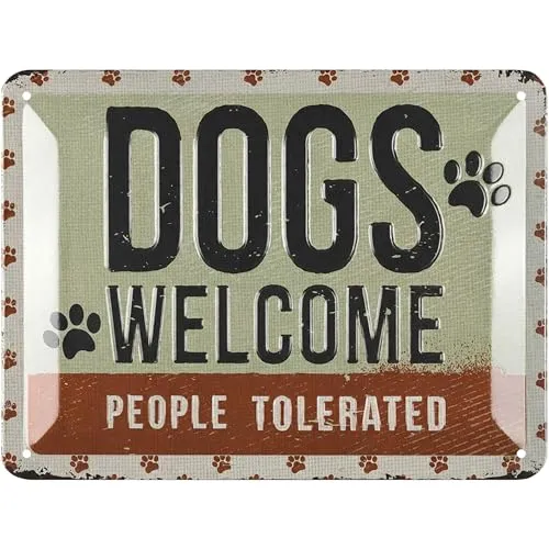 LANOLU Blechschild Hund - DOGS WELCOME - Deko Hund Geschenke für Hundeliebhaber in retro Shabby Chic Optik - Vintage Dekoration als Geschenk für Hundefreunde aus Metall, 15x20cm