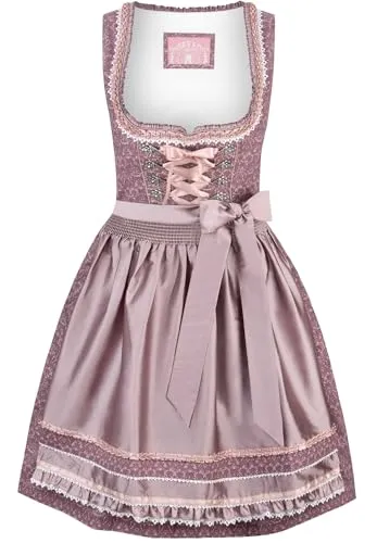 Wiesnwuid Damen Ruby Mini Dirndl, Beere, 36 - Dirndl für Damen mit Blumennuster, inklusive passender Schürze und praktischer Schubtasche für einen stylishen Auftritt auf dem Oktoberfest.