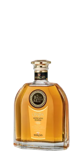 Marcati Grappa Moscato Riserva Bacio delle Muse - Exklusiver Grappa aus Verona, hergestellt aus besten Muskateller-Trestern und mindestens 18 Monate in Eichenfässern gereift – ein Genuss für Kenner.