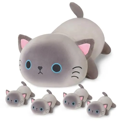 SQEQE Siamese Cat Plushies Stuffed Animals with 4 Babies, Cute Siamese Cat Plush Pillow Soft Toy Birthday Gifts for Girls Boys
