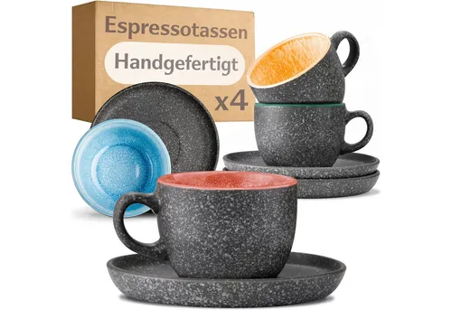 Cosumy Cappuccinotasse Espressotassen mit Untertassen 4er Set - 90 ml Keramik bunt, 8-tlg., Keramik, Warm