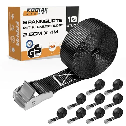 Stück Spanngurte 4mx 250kg mit Klemmschloss - 25mm Zurrgurte für Fahrrad - Gepäck & Transport - TÜV/GS geprüft nach DIN EN 12195-2 - KODIAK STRAPS 10