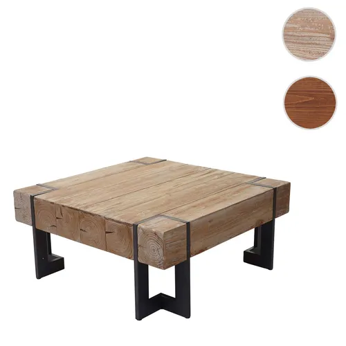 Rustikaler Couchtisch HWC-A15 aus massivem Tannenholz - Esstisch im Industrial Look, MVG-zertifiziert und mit stabilen Metallfüßen für sicheren Stand. Ideal als Blickfang in Wohnzimmer, Café oder Restaurant.