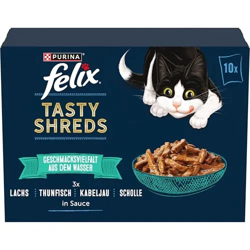 Felix Tasty Shreds Katzenfutter nass in Sauce, Geschmacksvielfalt aus dem Wasser, 6er Pack (6 x 10 Beutel à 80g)