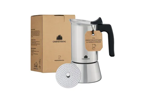 Groenenberg Induktions Espressokocher mit Reduziersieb – 4 oder 6 Tassen - Hochwertige Edelstahl Mokkakanne für alle Herdarten. Inklusive Reduziersieb und Ersatzdichtung für flexibles Brühen. Ideal für Zuhause oder unterwegs, mit einfachem Reinigungsprozess.