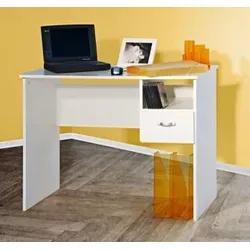 Schülerschreibtisch Weiß mit Ablage und Schubkasten - Moderner Schreibtisch aus melamin-beschichteter Spanplatte mit praktischem Schubkasten und Ablagefach. Ideal für Schüler, kompakt und pflegeleicht. Maße: 91 x 50 x 72 cm, zum Selbstaufbau.