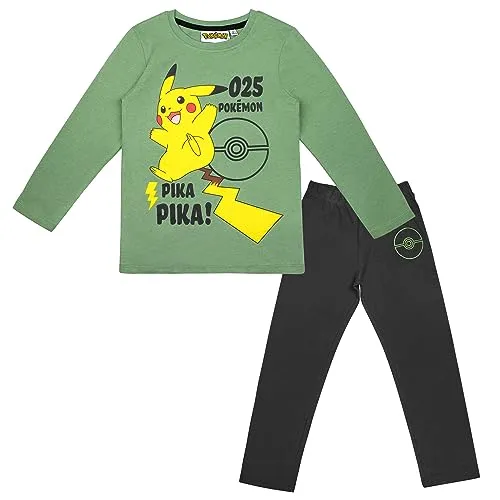 Pokemon Schlafanzug Pyjama Langarm Pikachu Unisex (116, Grün) - Jungenmode mit ikonischem Pikachu-Motiv, aus hochwertiger Baumwolle für optimalen Komfort und Gemütlichkeit während der Nacht.