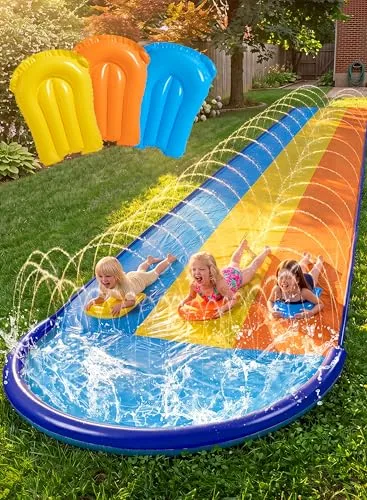 Sloosh 22,5ft Dreispurige Wasserrutsche mit 3 Bodyboards - Erlebe Spaß im Freien mit der 22,5 Fuß langen Wasserrutsche! Enthält 3 Bodyboards und Sprinkler für erfrischenden Wasserspaß. Perfekt für Gartenpartys und heiße Sommertage.