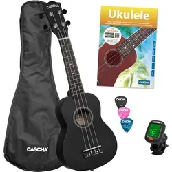 Cascha 3969 Sopran Ukulele Bundle Schwarz - Sopran-Ukulele in Schwarz mit hochwertigem Klang, inklusive Tasche, Stimmgerät und Lernbuch für schnellen Einstieg – ideal für Anfänger und Musikliebhaber.