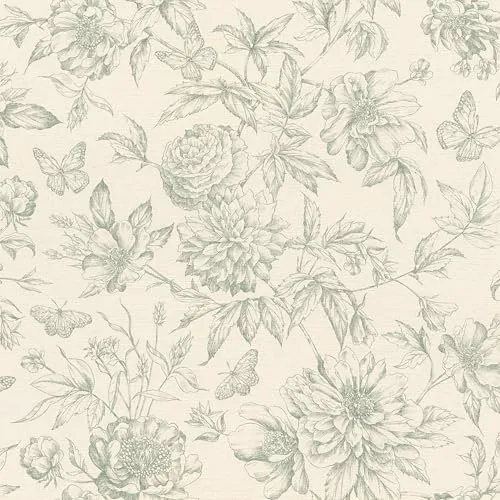 Rasch Tapete 793925 – Vliestapete mit floralem Vintage-Muster in Cremeweiß und Grün - Vielseitige Vliestapete im Vintage-Stil, ideal für Wohnzimmer und Küche. Wasserbeständig und leicht abwaschbar, sorgt für eine angenehme Atmosphäre. Einfache Anbringung und rückstandsfreies Entfernen garantiert.