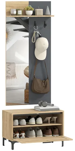 Homcom Garderobe mit Spiegel und Schuhbank, Natur & Grau - Optimieren Sie Ihren Eingangsbereich mit der Homcom Garderobe! Innovatives Design mit Spiegel, Haken und klappbarer Schuhbank für Ordnung und Stil. Stabil und langlebig, ideal für jeden Flur.