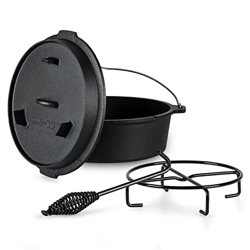 ToCis Big BBQ Dutch Oven Set Guernsey - 6qt Gusseisen Topf - Dutch Oven für sofortigen Einsatz, inklusive Deckelheber und Topfständer. Perfekte Wärmeleitung für Grill und Lagerfeuer, ideal für 4-8 Personen.