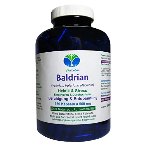 BALDRIAN PUR Wurzel Valerian 360 Pulver Kapseln 500mg. Nerven Beruhigung & Entspannung. NATUR pur - OHNE ZUSATZSTOFFE. 26670-360