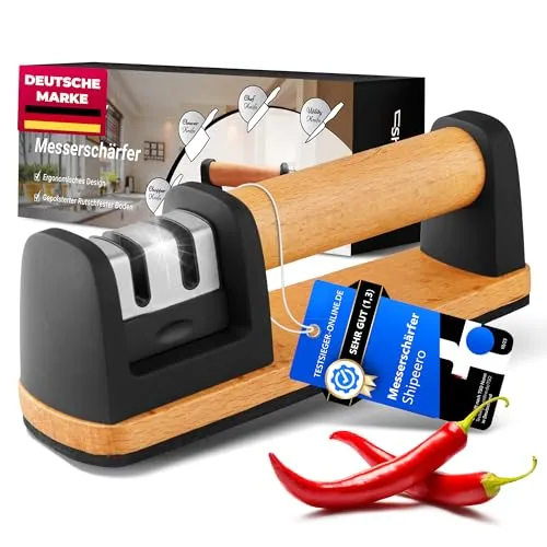 Shipeero Messerschärfer Testsieger, Messerschärfer Profi, Messerschleifer Profi, Messerschleifer Testsieger, Knife sharpener, Ergonomisches Umweltfreundliches Buchenholz Design