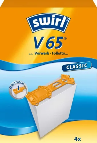 Swirl Staubsaugerbeutel V65 für Vorwerk VK135 - Staubsaugerbeutel aus Spezialpapier für Vorwerk VK135, mit Dirtlock® Staubverschluss für staubfreie Entsorgung und praktische Einkaufshilfe. Lieferung: 4 Stück.