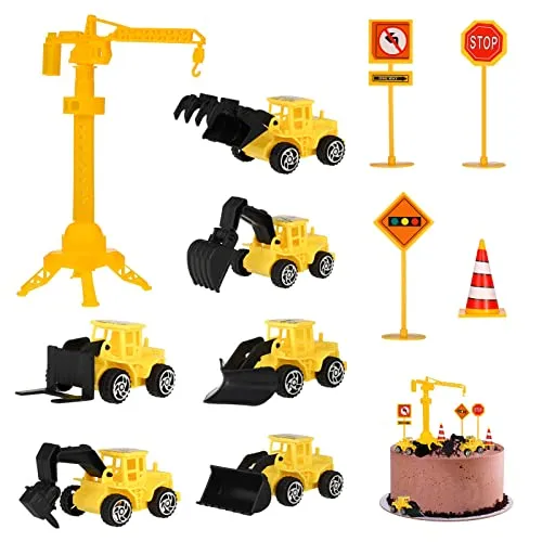 FANTESI Kuchen Deko Baustelle, 12 Stück Bagger Kuchendeko, Baustellenfahrzeuge Verkehrsschilder Kinder, Baustelle Spielzeug Kuchen Deko Junge, Bagger Spielzeugauto, für Geburtstag