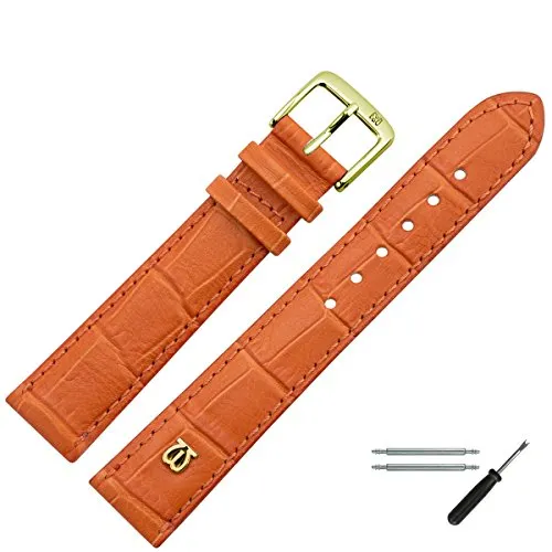 MARBURGER Uhrenarmband 16mm Leder Orange Gold Alligator Prägung - Hochwertiges Uhrenarmband aus Rindsleder in Orange mit Goldschließe. Inklusive Montage-Set für einfachen Wechsel und passgenau für 16mm Anstoßbreite. Ideal für stilvolle Uhrenliebhaber.