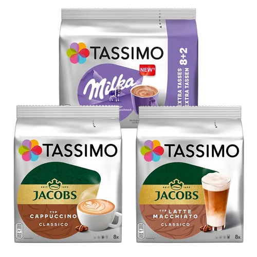 TASSIMO Kaffee T Disc Creamy Collection - Milka Cappuccino & Latte Macchiato, 3er Pack - Köstliche Kaffeekapseln mit Milka Schokolade für die Tassimo Maschine. Genießen Sie cremigen Cappuccino und Latte Macchiato in perfekter Qualität - ideal für jeden Kaffeegenuss!