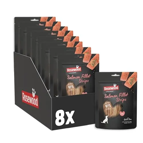 Rosewood Salmon Fillet Strips Large - Hundefutter mit 97% Lachs, proteinreich und fettarm, ohne Getreide und Gluten – der ideale Snack für gesunde Belohnungen!