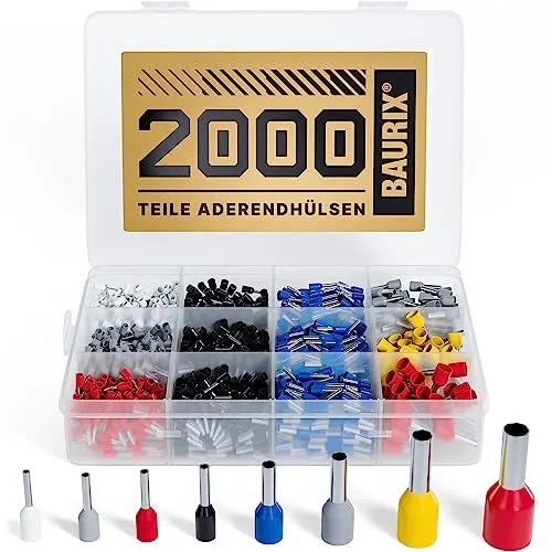 BAURIX ® 2000 Stück Aderendhülsen Sortiment I Isolierte Hülsen nach DIN 46228-4: 2020-03 I 0,5 mm² - 10 mm² I Profi Isolierhülsen Set