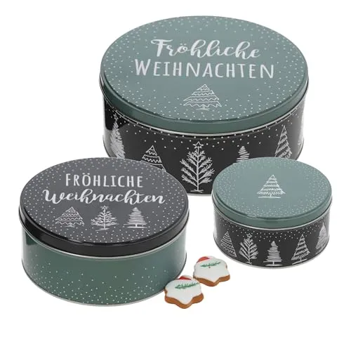 Spetebo Metall Gebäckdose 3er Set grün - FRÖHLICHE WEIHNACHTEN - Runde Keks Dosen ineinander stapelbar - Plätzchen Keks Gebäck Vorrats Geschenk Dose ineinander stapelbar