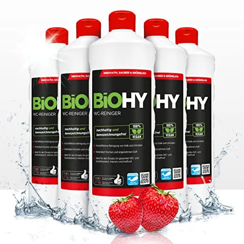 BiOHY WC-Reiniger (6 x 1 Liter) | Bio Toilettenreiniger mit frischem Schaum | EXTRA STARK | Badreiniger Gel wirkt effektiv gegen Kalk & Urin | säubert die Toilette blitzschnell