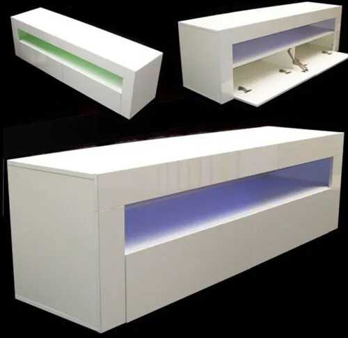 LED Lowboard TV-Schrank 155 cm Hochglanz Weiß mit Fernbedienung - Elegantes TV-Lowboard mit integrierter Funk-LED-Beleuchtung. Hochglanz-Oberfläche, viel Stauraum und minimalistisches Design für ein modernes Wohnambiente.