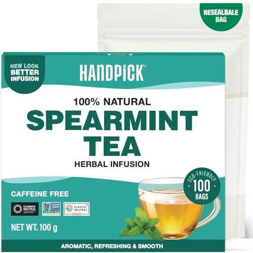 HANDPICK Krauseminze Tee | 100 Umweltfreundliche Runde Teebeutel | Koffeinfrei & Nicht-GVO | Aus 100% Reinen Krauseminzblättern | Minzetee, Spearmint Tea | Vakuumversiegelt