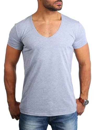 Young & Rich Herren Uni T-Shirt Basic mit extra tiefem V-Ausschnitt Slimfit deep V-Neck Stretch dehnbar 1315, Grösse:S, Farbe:Grau