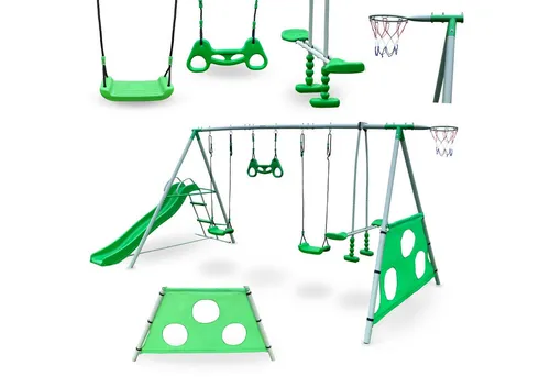 HyperMotion Swing HYP9 Kinderschaukel Set mit Rutsche & Basketballkorb - Vielseitige Gartenschaukel für bis zu 6 Kinder ab 3 Jahren. Mit ergonomischen Sitzen, verstellbaren Seilen und robustem Stahlgestell. Ideal für unvergesslichen Spielspaß im Freien!