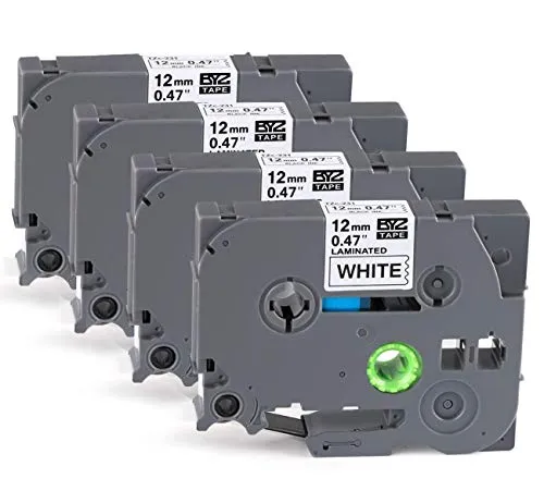 4x Brother TZe-231 Laminierte Etikettenbänder 12mm – Öl- und wasserfest - 4er-Pack Etikettenbänder (12mm x 8m) für Brother P-Touch Drucker. Ideal für klare Beschriftungen in feuchten Umgebungen, langlebig und selbstklebend – perfekt für Büro, Küche und Werkstatt.