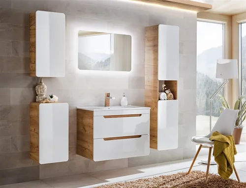 Badmöbel Set 5-tlg FERMO Weiss HGL mit 60cm Waschtisch - Badmöbelsets für Erwachsene, modernes Design in Weiss Hochglanz, inkl. Waschtisch und Spiegel mit LED-Beleuchtung für stilvolle Badezimmergestaltung.