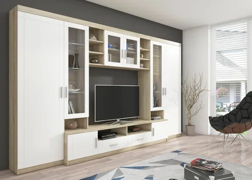 TOP Wohnwand Paris: Anbauwand in Weiß und Sonoma Eiche - TV-Möbel & Schrankwände, moderne Schrankwand aus MDF und Spanplatte, bietet großzügigen Stauraum und stilvolles Design für Ihr Wohnzimmer.